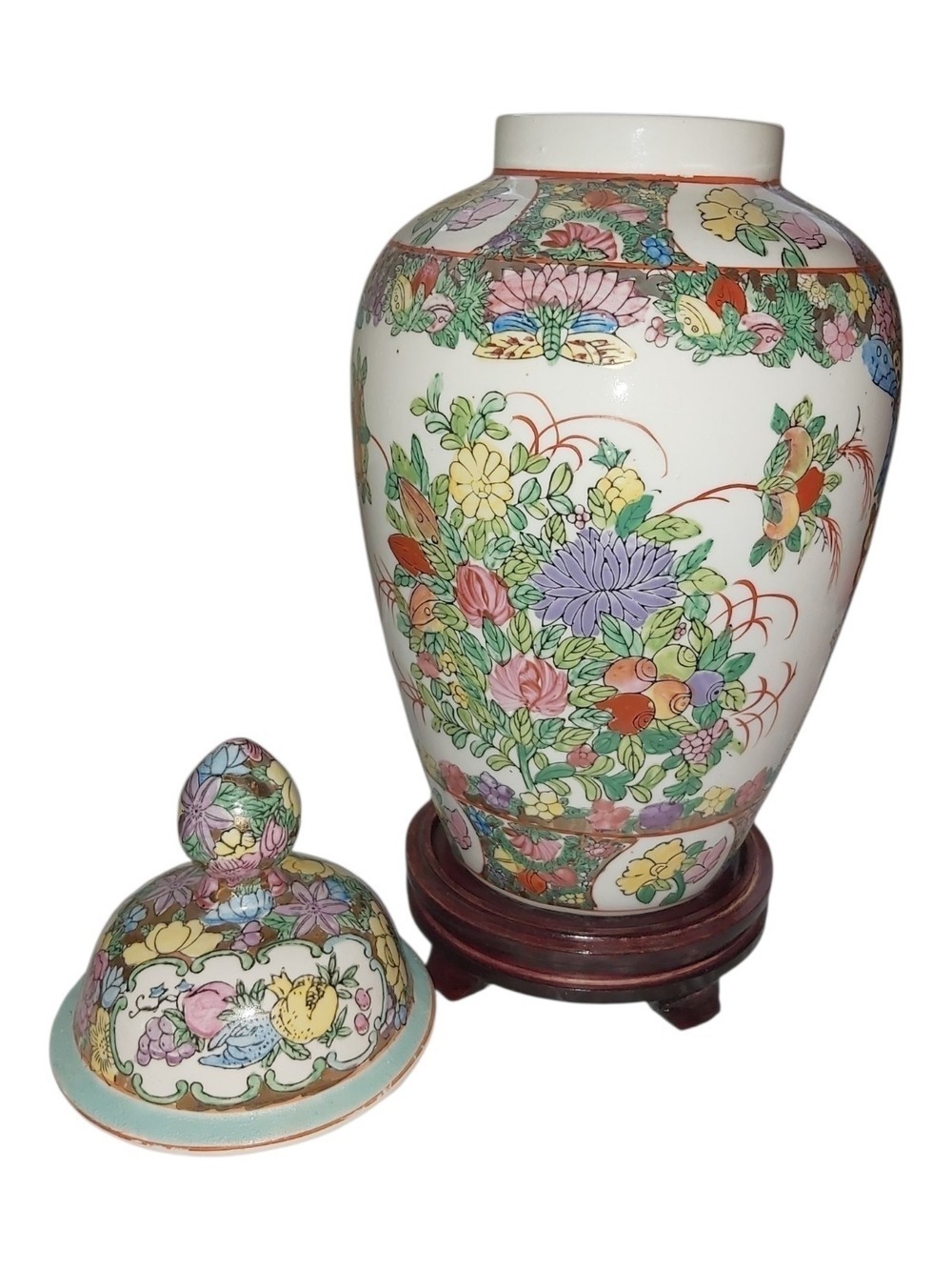 Vintage Chinese Famille Rose Temple Jar with Lid Wood Stand Hand Painted Rose